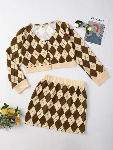 

girls argyle print button front jacket with skirt she, White