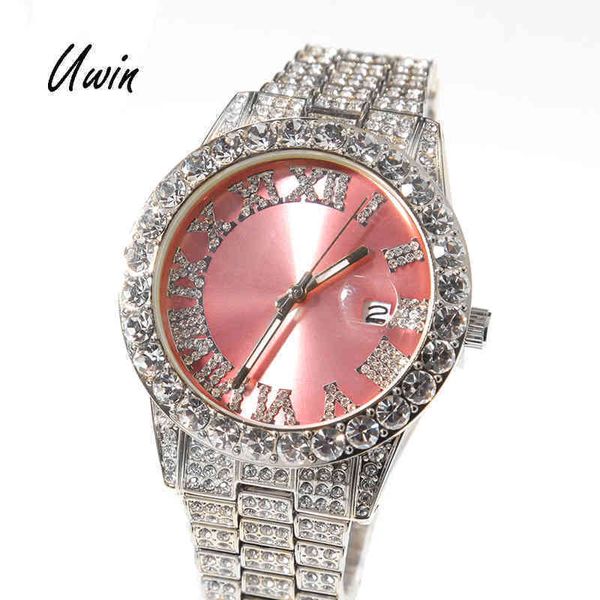 

2022 iced out baby pink women with purple dial bling hip hop watch, Slivery;brown