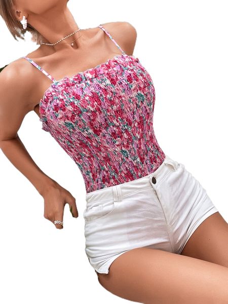 

allover floral print shirred frill trim cami bodysuit r6xr#, White