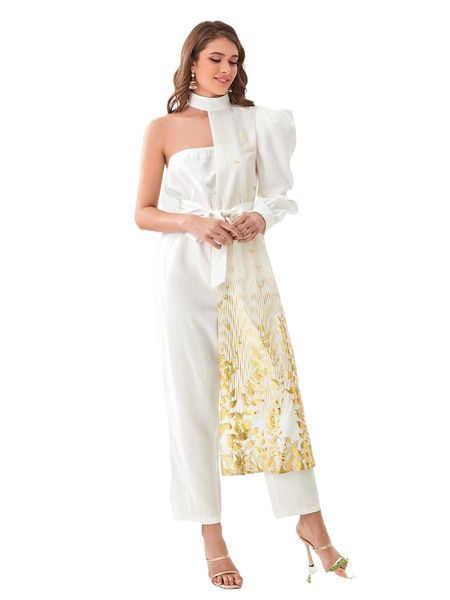 

plants print one shoulder and belted jumpsuit 14ps#, White