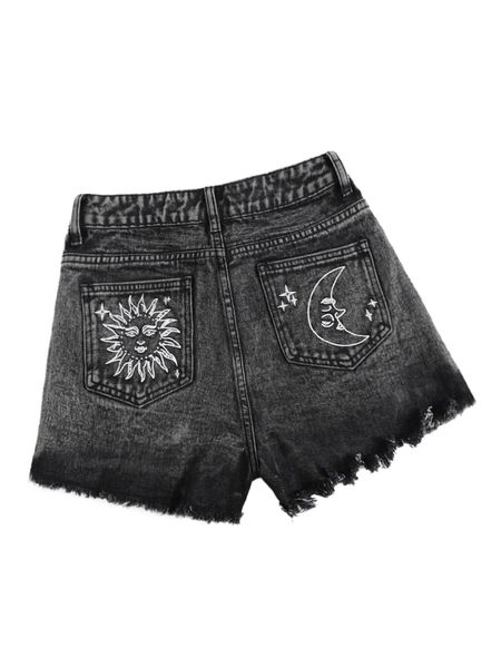 

sun & moon print ripped raw cut denim shorts n4vc#, White;black