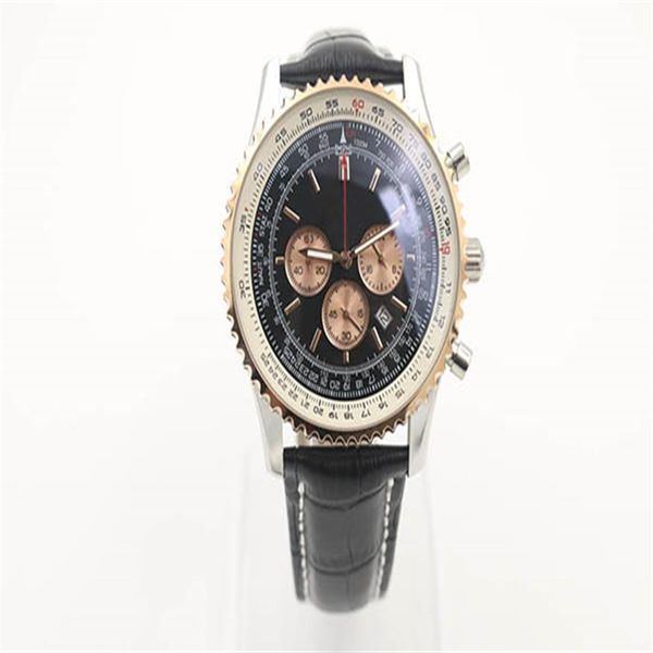 

new style quartz -watch black dial gold fluted case leather belt silver skeleton 1884 navitimer watch302g, Slivery;brown