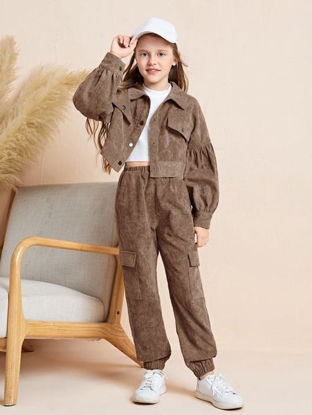 

girls drop shoulder flap detail corduroy coat & flap pocket pants she, White