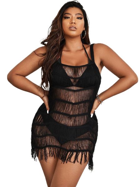

plus open stitch fringe hem cover up without bikini u6sh#, Black