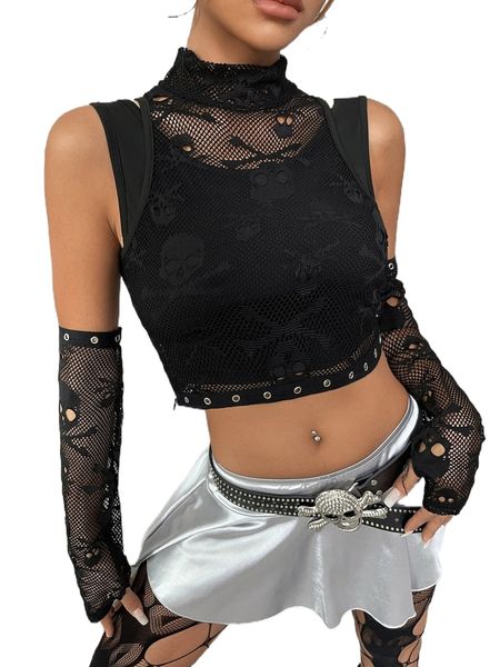 

skull pattern grommet eyelet sheer & tank & arm sleeves y6iy#, White