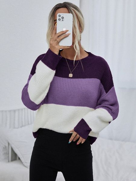 

color block drop shoulder sweater a4tt#, White;black