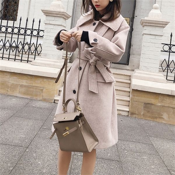 

mishow autumn winter woolen coat causal women turndown collar single breasted with belt thick coat lj201106, Black