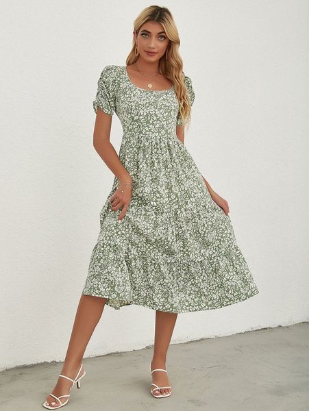 

ditsy floral print ruffle hem dress e1we#, Black;gray