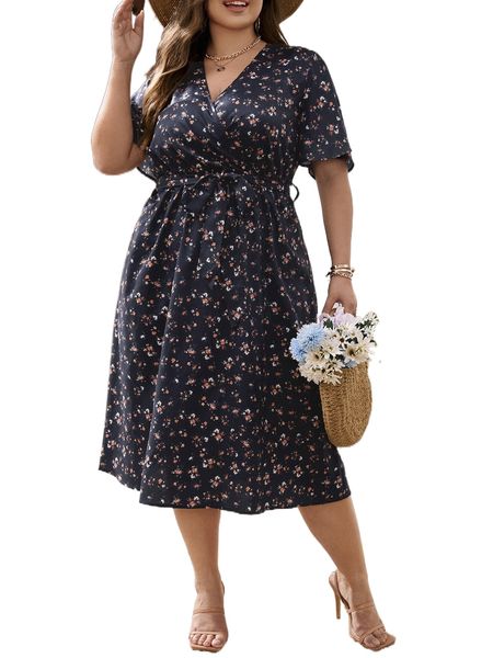 

plus floral print butterfly sleeve belted dress f38m#, Black