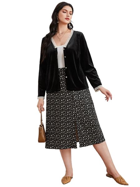 

plus velvet contrast lace button through x6wr#, Black