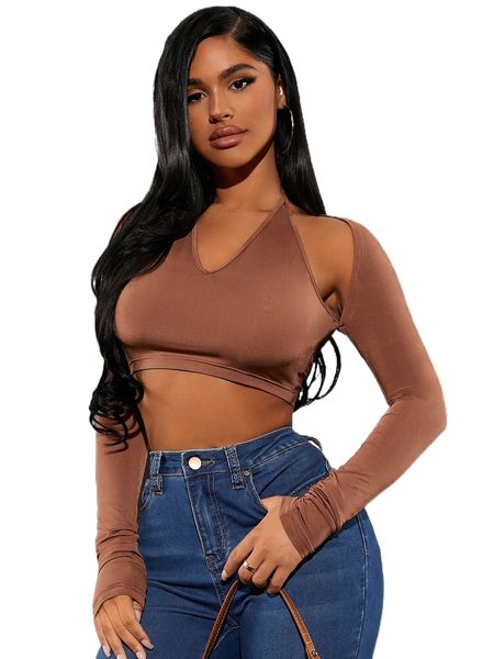 

sxy cut out back halter neck crop o0dt#, White