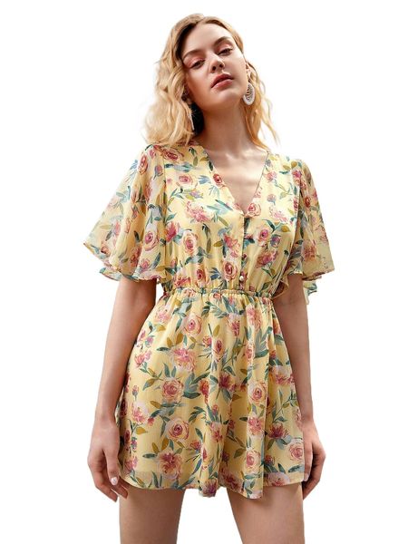 

floral print butterfly sleeve chiffon romper b0w7#, Black;white