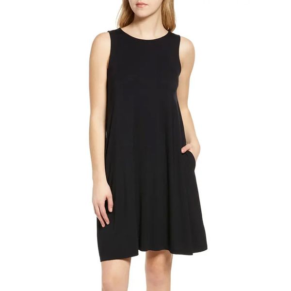 

solid color round neck tank dress summer casual zipper a-line dresses, Black;gray