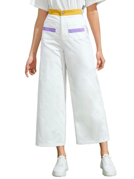 

contrast panel wide leg pants k2lg#, Black;white