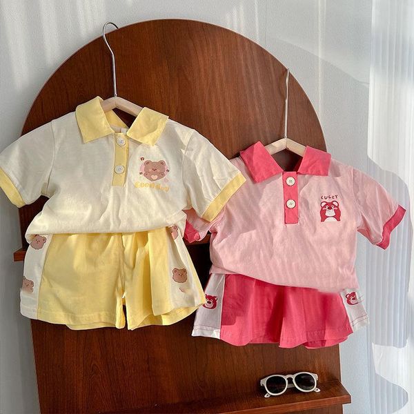 

clothing sets summer children's baby cartoon bear short sleeve suit boys and girls lapel cotton t-shirt shorts casual sportswear, White