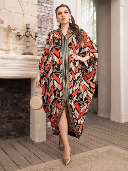 

plus random geo & chain print batwing sleeve contrast tape dress f51g#, Black