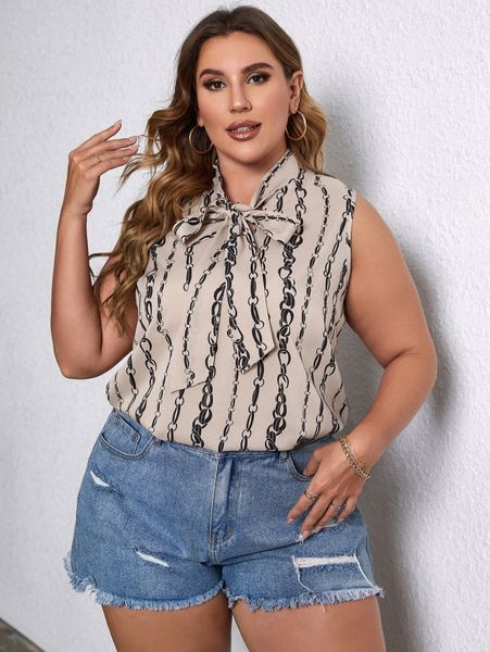 

plus random chain print tie neck blouse s7nq#, Black