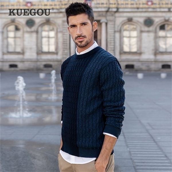 

kuegou 100% cotton autumn winter clothing mens sweater color patchwork man pullovers sweaters knitted plus size yyz-2204 201221, White;black