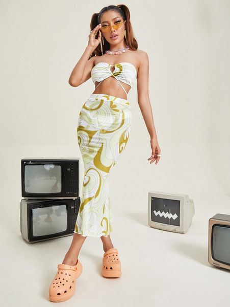 

3pack graphic bandeau bikini swimsuit with cover up skirt f4fj#, White;black