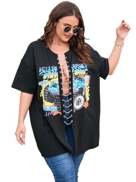 

plus letter & car print chain detail drop shoulder tee i7wm#, Black