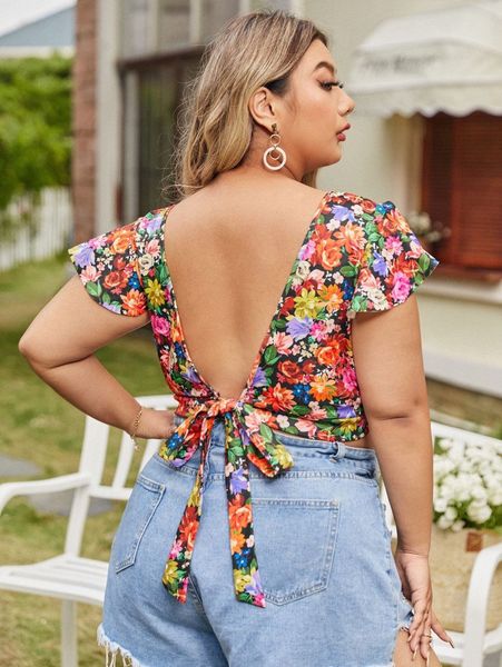 

plus allover floral print tied backless b1ey#, Black
