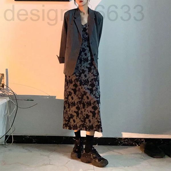 

casual dresses designer 8944# early autumn clothes women's cool wind suit suspender golden velvet dress zuiu, Black;gray