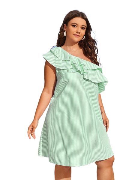 

plus vertical striped ruffle trim one shoulder tunic dress y78e#, Black