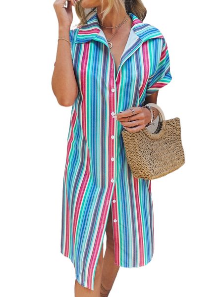 

block s.triped b.utton through s.hirt d.ress c58v#, Black;gray