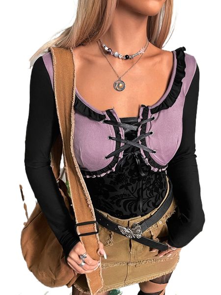 

grunge colorblock lace up front frill trim 2 in 1 tee f2jq#, White