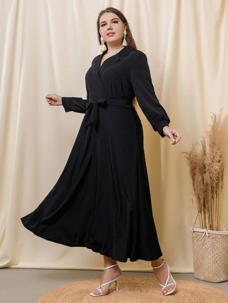 

plus lapel collar lantern sleeve belted dress g7pp#, Black