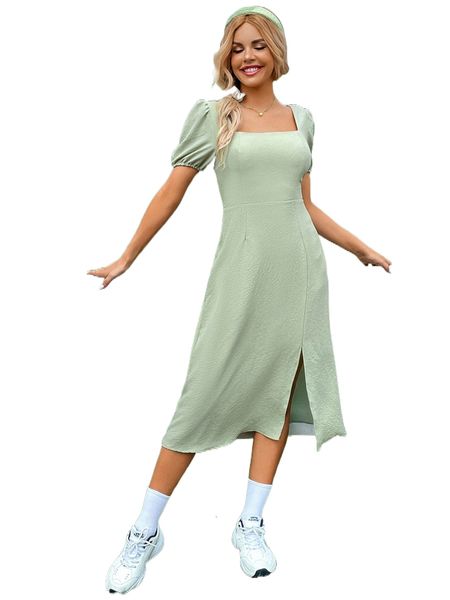 

square neck puff sleeve lace up backless slit hem dress a6g5#, Black;gray