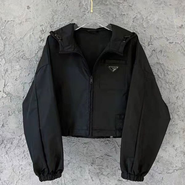

ultrashort womens designer jacket hooded outerwear fashion solid color metal triangle windbreaker jackets casual ladies jacket coat clothing, Black;brown