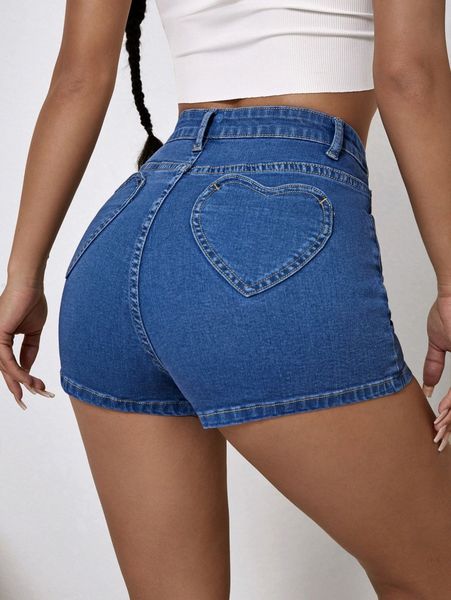 

zipper fly heart patched denim shorts e2d7#, White;black