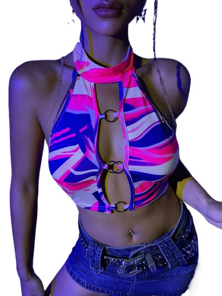 

allover print ring linked cut out backless halter u6f5#, White