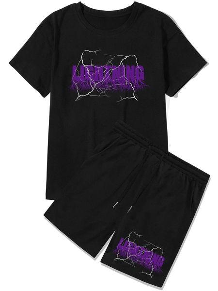 

romwe guys lightning print tee & shorts t7mh#, Gray