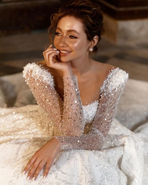 

princess luxurious ball gown wedding dresses bridal bateau neck long sleeve backless lace appliques sequins sweep floor ruffles gowns satin, White
