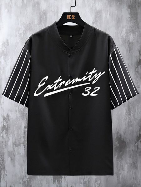 

men striped & letter graphic baseball collar button front shirt 37ce#, White;black