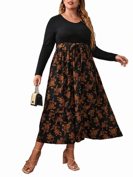 

plus floral print ruffle hem belted dress q2nd#, Black