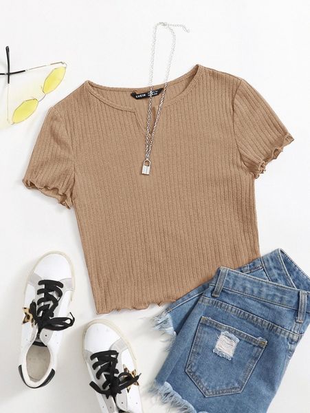 

solid lettuce trim rib-knit tee j07s#, White