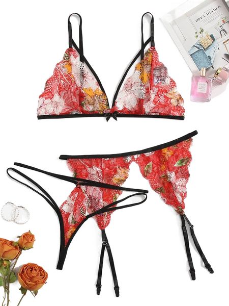 

plus 3pack floral lace garter lingerie set a8ny#, Black;white