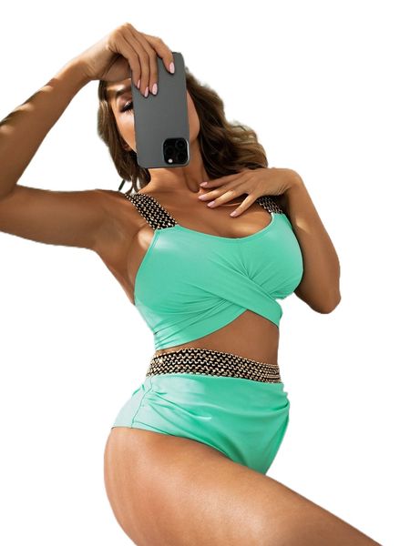 

stitch detail high waisted bikini swimsuit s5w4#, White;black