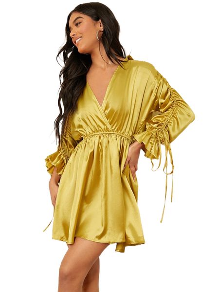 

surplice neck drawstring ruched dress p1cx#, Black;gray
