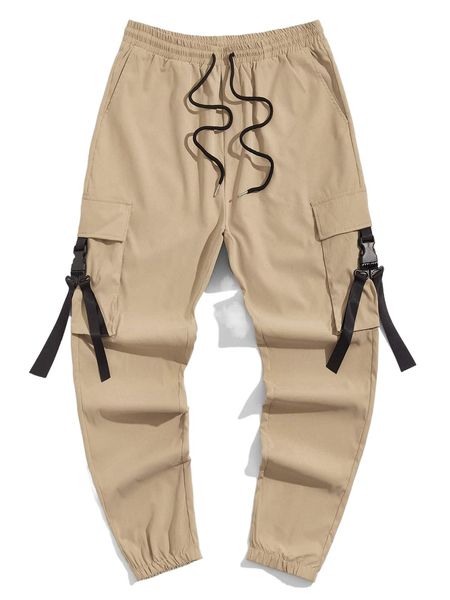 

men buckle detail flap pocket drawstring waist pants s0fw#, Black