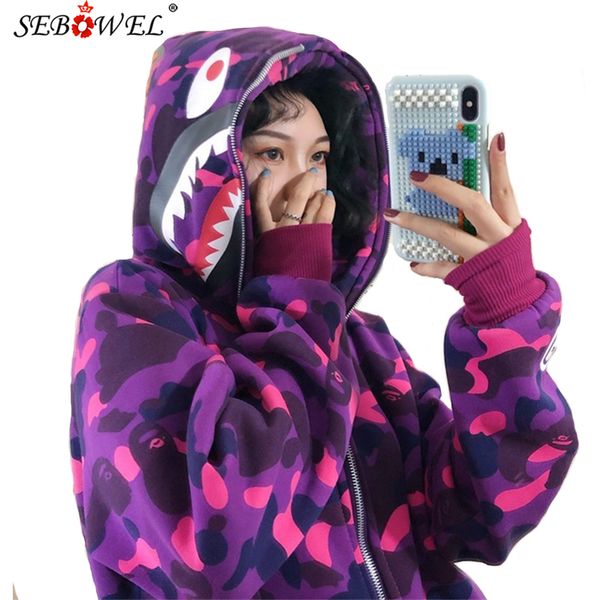 

women's hoodies & sweatshirts sebowel funny shark hoodies women men harajuku zip 220823, Black