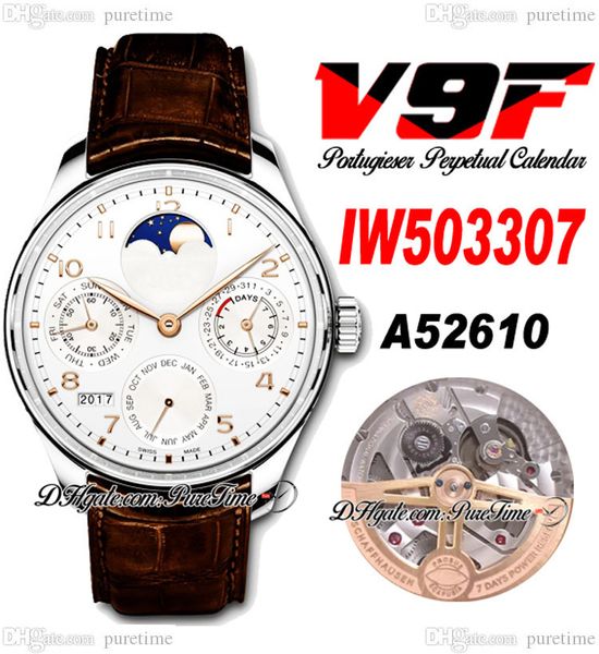 V9F 502307 Ewiger Kalender A52610 Automatik-Herrenuhr, Stahlgehäuse, weißes Zifferblatt, Mondphase, Gangreserve, braunes Lederarmband, Super Edition Puretime C3