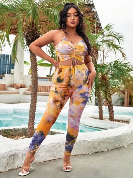 

plus tie dye drawstring front cami & leggings z2fj#, Black