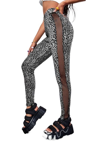 

contrast fishnet leopard print scrunch butt skinny pants e4yp#, Black;white
