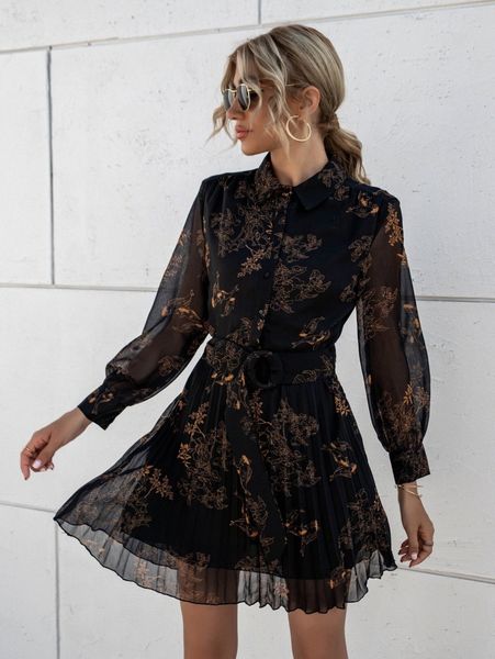 

flower print belted button front dress e0sx#, Black;gray
