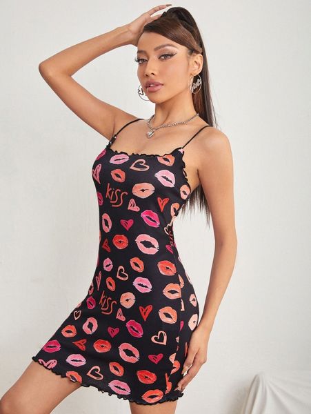

lips & letter & heart pattern lettuce trim cami dress o0ld#, Black;gray