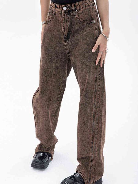 

american style y2k vintage brown baggy women jeans streetwear hiphop wide pipe pants pocket high waist straight denim pants l220726, Blue